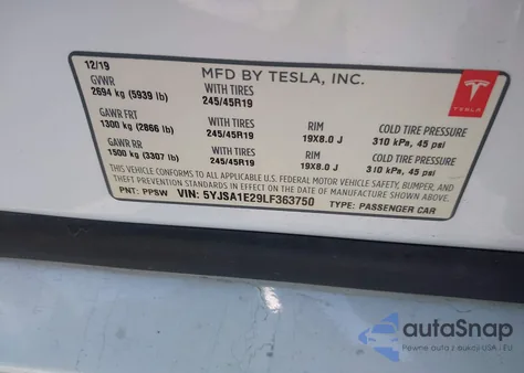 2020 Tesla Model S Long Range Dual Motor All-Wheel Drive/Long Range Plus Dual Motor All-Wheel Drive from USA, damaged, VIN 5YJSA1E29LF363750